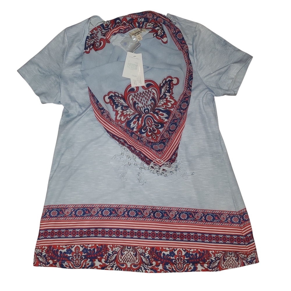 One world womans top small light blue short sleeve attached scarf paisley NWT